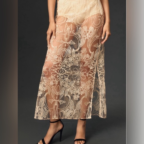 Anthropologie Sheer Embroidered Cream Midi Skirt - Picture 2 of 12